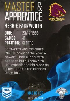 2022 NRL Traders - Master & Apprentice Blue #MAB02 Herbie Farnworth Back